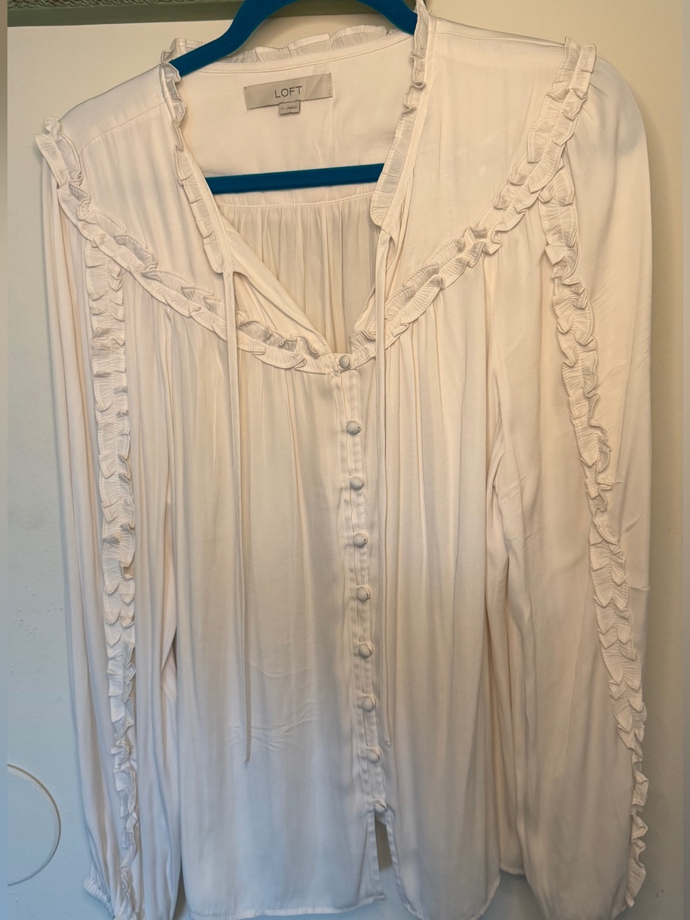 LOFT Cream Ruffle-Trim Button-Front Blouse - Picture 2 of 5